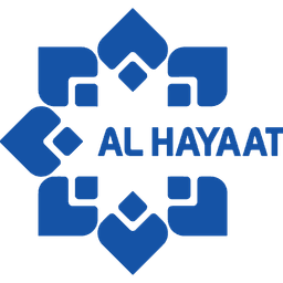 Al Hayaat logo with stylized blue Arabic calligraphy forming a symmetrical pattern around the name.