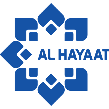 Al Hayaat logo with stylized blue Arabic calligraphy forming a symmetrical pattern around the name.